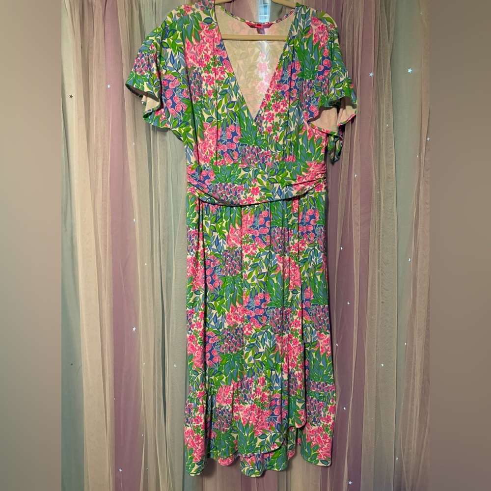 Lilly Pulitzer Green and Pink Floral Midi Dress
